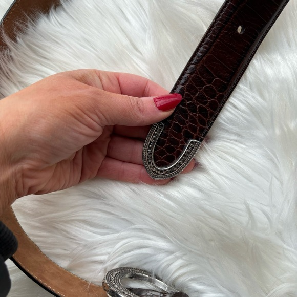 Brighton Brown Leather Crocodile Skin and Silver Buckle Belt